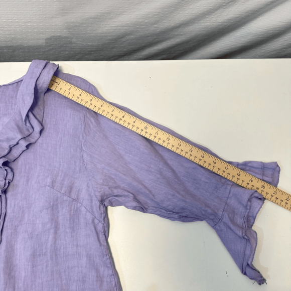 Womens 100% linen 3/4 Sleeve Button Front Blouse Size M Purple Ruffles Fairy - Picture 8 of 12